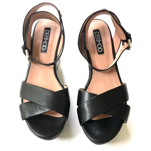 Y2K Derimod Goth Punk Black Genuine Leather Platform Wedge Sandals Mary Jane - Picture 6 of 8